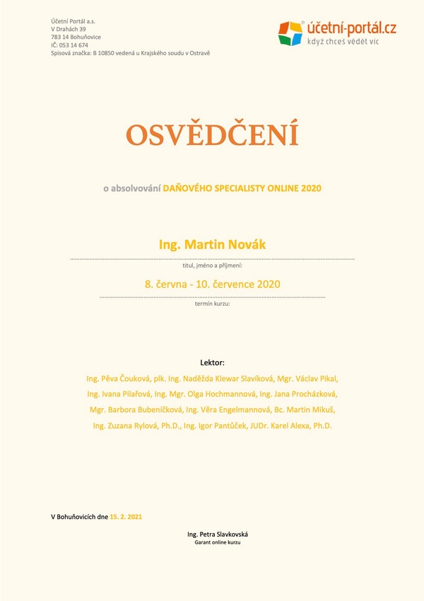 Ukázka osvědčení Účetní portál on-line